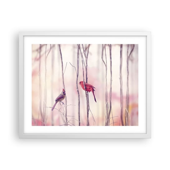 Obraz - Plakat - Opowieść różowego lasu - 50x40cm - Ptak Natura Las - Foto Plakaty w ramie koloru białego do Salonu Sypialni ARTTOR ARTTOR