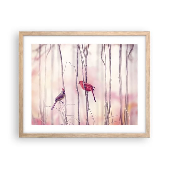 Obraz - Plakat - Opowieść różowego lasu - 50x40cm - Ptak Natura Las - Foto Plakaty w ramie koloru jasny dąb do Salonu Sypialni ARTTOR ARTTOR