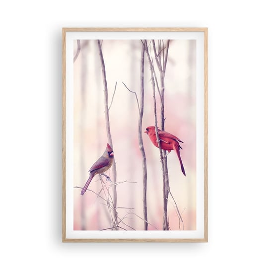 Obraz - Plakat - Opowieść różowego lasu - 61x91cm - Ptak Natura Las - Foto Plakaty na ścianę w ramie jasny dąb - Plakat do Salonu Sypialni ARTTOR ARTTOR