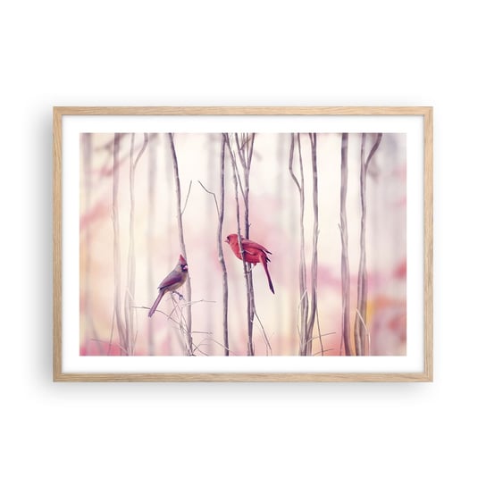 Obraz - Plakat - Opowieść różowego lasu - 70x50cm - Ptak Natura Las - Nowoczesny modny obraz Plakat rama jasny dąb ARTTOR ARTTOR