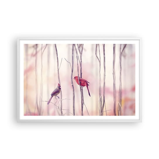Obraz - Plakat - Opowieść różowego lasu - 91x61cm - Ptak Natura Las - Foto Plakaty na ścianę w ramie białej - Plakat do Salonu Sypialni ARTTOR ARTTOR