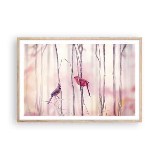 Obraz - Plakat - Opowieść różowego lasu - 91x61cm - Ptak Natura Las - Foto Plakaty na ścianę w ramie jasny dąb - Plakat do Salonu Sypialni ARTTOR ARTTOR