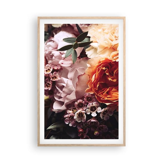 Obraz - Plakat - Otulone pięknem - 61x91cm - Kwiaty Bukiet Kwiatów Róża - Foto Plakaty na ścianę w ramie jasny dąb - Plakat do Salonu Sypialni ARTTOR ARTTOR
