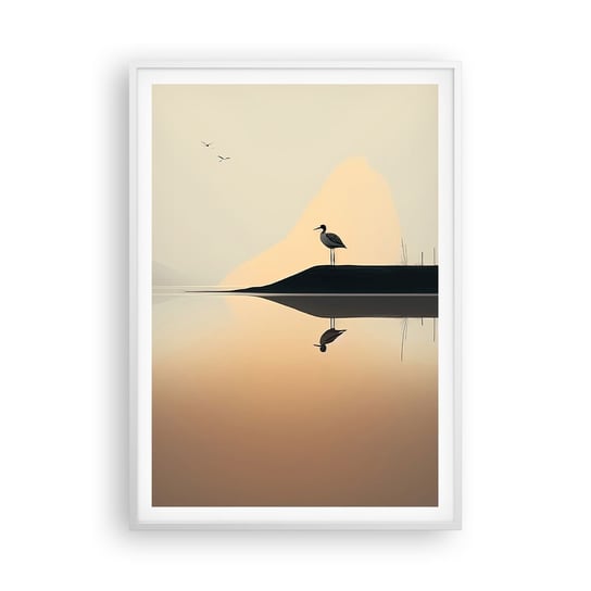 Obraz - Plakat - Pan na jeziorze - 70x100cm - Ptak Pejzaż Minimalizm - Foto Plakaty w ramie koloru białego do Salonu Sypialni ARTTOR ARTTOR