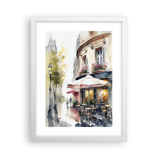 Obraz - Plakat - Paryski poranek - 30x40cm - Kawiarnia Paryż Akwarela - Foto Plakaty na ścianę w ramie białej - Plakat do Salonu Sypialni ARTTOR ARTTOR