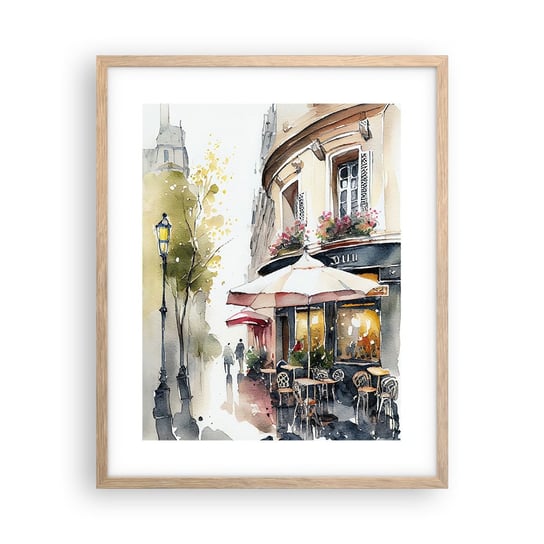 Obraz - Plakat - Paryski poranek - 40x50cm - Kawiarnia Paryż Akwarela - Foto Plakaty w ramie koloru jasny dąb do Salonu Sypialni ARTTOR ARTTOR