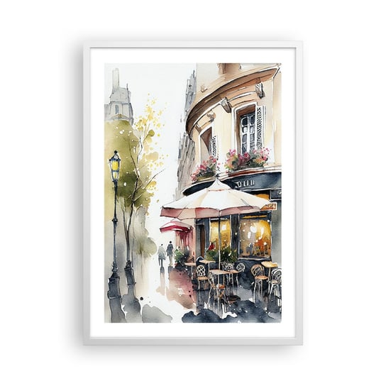 Obraz - Plakat - Paryski poranek - 50x70cm - Kawiarnia Paryż Akwarela - Nowoczesny modny obraz Plakat rama biała ARTTOR ARTTOR