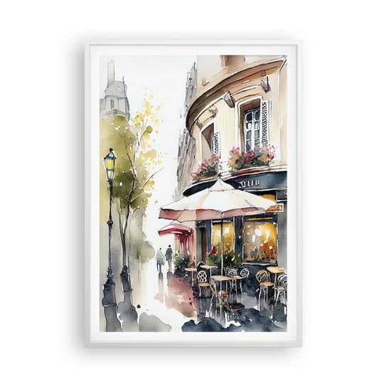 Obraz - Plakat - Paryski poranek - 70x100cm - Kawiarnia Paryż Akwarela - Foto Plakaty w ramie koloru białego do Salonu Sypialni ARTTOR ARTTOR