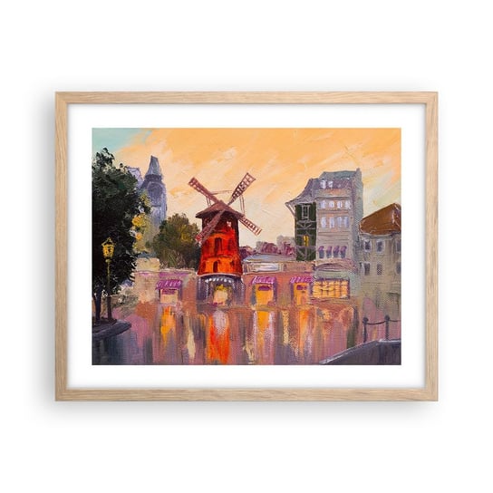 Obraz - Plakat - Paryskie ikony – Moulin Rouge - 50x40cm - Paryż Wiatrak Moulin Rouge - Foto Plakaty w ramie koloru jasny dąb do Salonu Sypialni ARTTOR ARTTOR