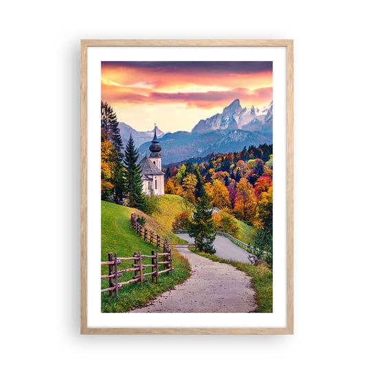 Obraz - Plakat - Pejzaż jak malowanie - 50x70cm - Krajobraz Górski Ścieżka Kościół - Nowoczesny modny obraz Plakat rama jasny dąb ARTTOR ARTTOR