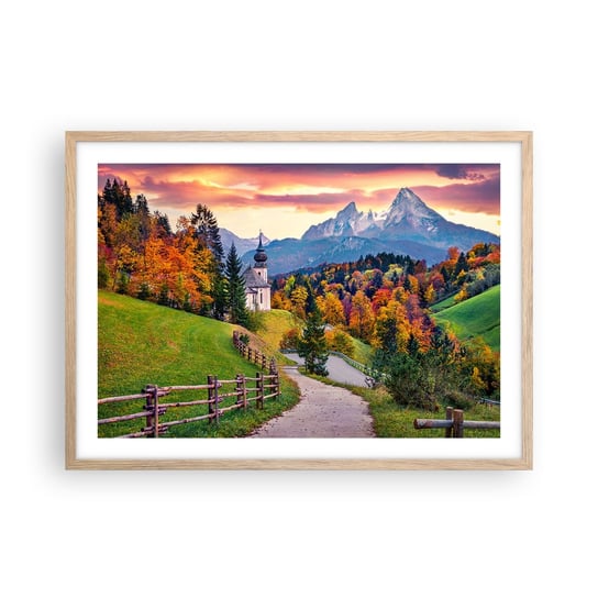 Obraz - Plakat - Pejzaż jak malowanie - 70x50cm - Krajobraz Górski Ścieżka Kościół - Nowoczesny modny obraz Plakat rama jasny dąb ARTTOR ARTTOR
