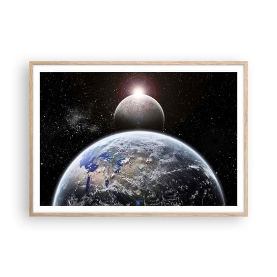 Obraz - Plakat - Pejzaż kosmiczny - wschód słońca - 100x70cm - Kosmos Abstrakcja 3D - Foto Plakaty w ramie koloru jasny dąb do Salonu Sypialni ARTTOR ARTTOR