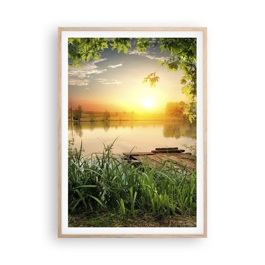 Obraz - Plakat - Pejzaż w zielonej ramie - 70x100cm - Krajobraz Jezioro Drewniany Pomost - Foto Plakaty w ramie koloru jasny dąb do Salonu Sypialni ARTTOR ARTTOR