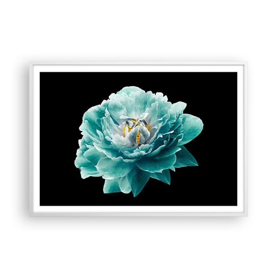 Obraz - Plakat - Płatki błękitne i złote - 100x70cm - Kwiat Kwitnący Piwonia - Foto Plakaty w ramie koloru białego do Salonu Sypialni ARTTOR ARTTOR
