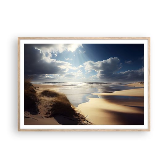 Obraz - Plakat - Plaża, dzika plaża - 100x70cm - Plaża Morze Wydmy - Foto Plakaty w ramie koloru jasny dąb do Salonu Sypialni ARTTOR ARTTOR
