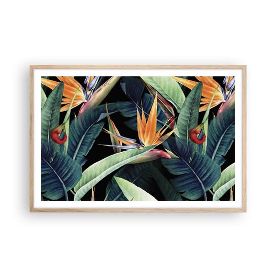 Obraz - Plakat - Płomienne kwiaty tropików - 91x61cm - Strelicja Królewska Kwiat Afryka - Foto Plakaty na ścianę w ramie jasny dąb - Plakat do Salonu Sypialni ARTTOR ARTTOR
