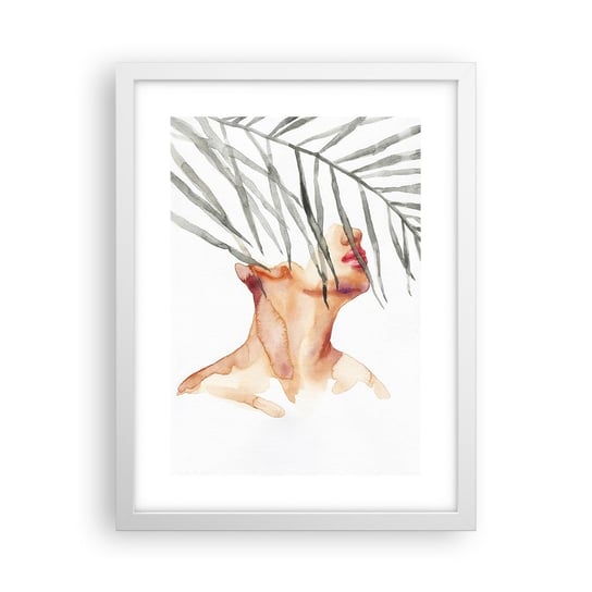 Obraz - Plakat - Poczuć puls tropików - 30x40cm - Twarz Kobiety Liść Palmowy Tajemnica - Foto Plakaty na ścianę w ramie białej - Plakat do Salonu Sypialni ARTTOR ARTTOR