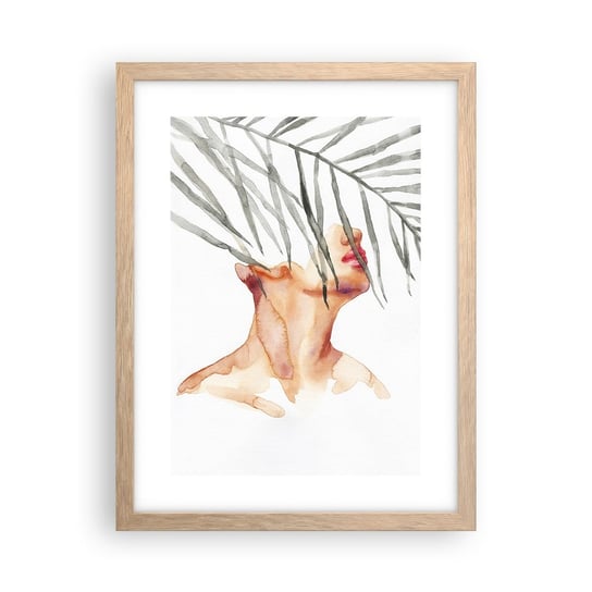 Obraz - Plakat - Poczuć puls tropików - 30x40cm - Twarz Kobiety Liść Palmowy Tajemnica - Foto Plakaty na ścianę w ramie jasny dąb - Plakat do Salonu Sypialni ARTTOR ARTTOR
