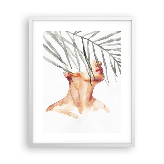 Obraz - Plakat - Poczuć puls tropików - 40x50cm - Twarz Kobiety Liść Palmowy Tajemnica - Foto Plakaty w ramie koloru białego do Salonu Sypialni ARTTOR ARTTOR