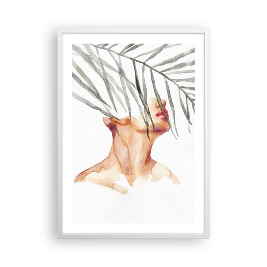 Obraz - Plakat - Poczuć puls tropików - 50x70cm - Twarz Kobiety Liść Palmowy Tajemnica - Nowoczesny modny obraz Plakat rama biała ARTTOR ARTTOR