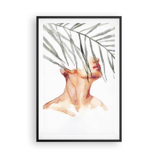 Obraz - Plakat - Poczuć puls tropików - 61x91cm - Twarz Kobiety Liść Palmowy Tajemnica - Foto Plakaty na ścianę w czarnej ramie - Plakat do Salonu Sypialni ARTTOR ARTTOR