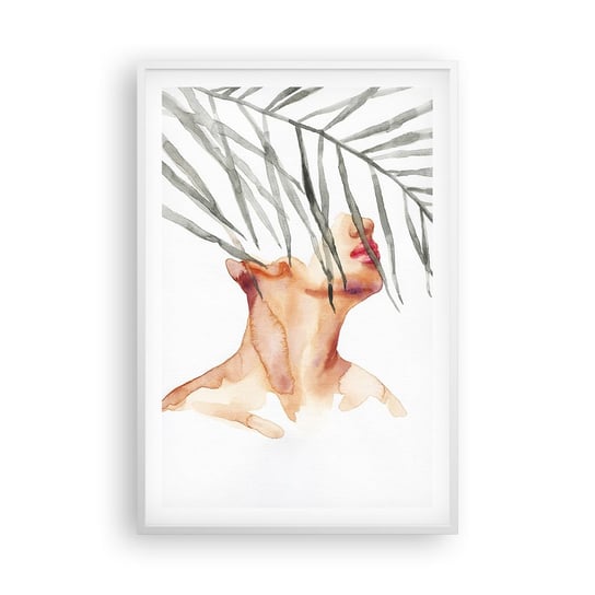Obraz - Plakat - Poczuć puls tropików - 61x91cm - Twarz Kobiety Liść Palmowy Tajemnica - Foto Plakaty na ścianę w ramie białej - Plakat do Salonu Sypialni ARTTOR ARTTOR