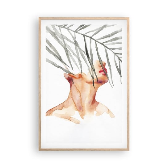 Obraz - Plakat - Poczuć puls tropików - 61x91cm - Twarz Kobiety Liść Palmowy Tajemnica - Foto Plakaty na ścianę w ramie jasny dąb - Plakat do Salonu Sypialni ARTTOR ARTTOR