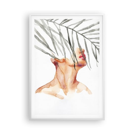 Obraz - Plakat - Poczuć puls tropików - 70x100cm - Twarz Kobiety Liść Palmowy Tajemnica - Foto Plakaty w ramie koloru białego do Salonu Sypialni ARTTOR ARTTOR