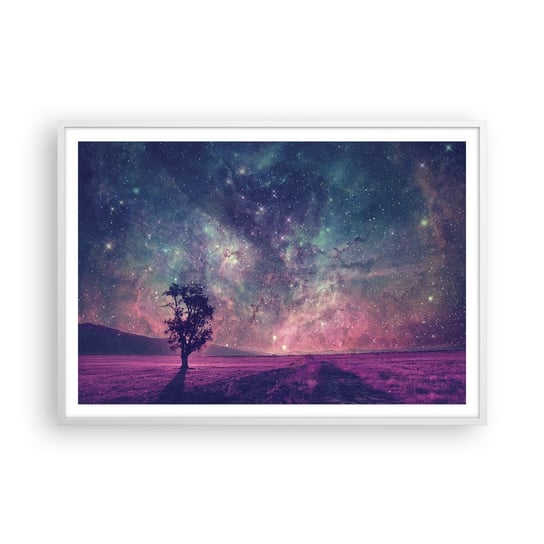 Obraz - Plakat - Pod magicznym niebem - 100x70cm - Krajobraz Drzewo Wrzos - Foto Plakaty w ramie koloru białego do Salonu Sypialni ARTTOR ARTTOR