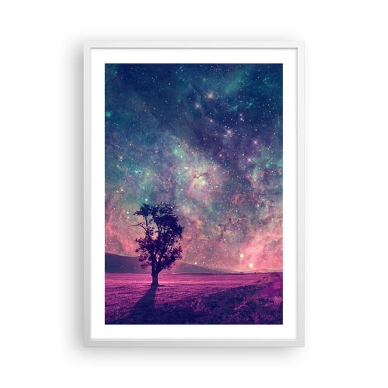 Obraz - Plakat - Pod magicznym niebem - 50x70cm - Krajobraz Drzewo Wrzos - Nowoczesny modny obraz Plakat rama biała ARTTOR ARTTOR