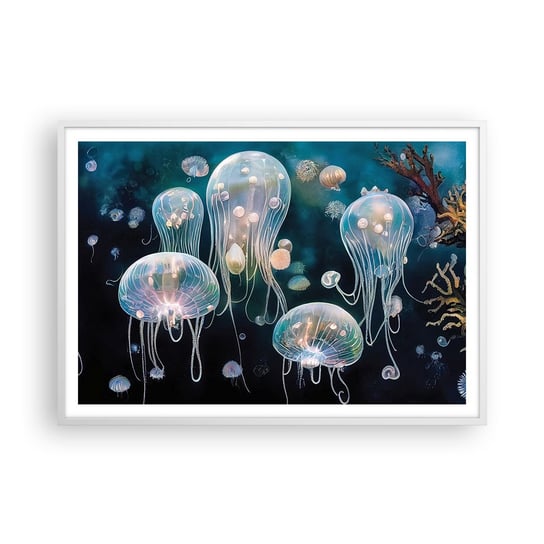 Obraz - Plakat - Podwodny bal - 100x70cm - Meduza Zwierzęta Głębiny - Foto Plakaty w ramie koloru białego do Salonu Sypialni ARTTOR ARTTOR