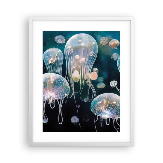 Obraz - Plakat - Podwodny bal - 40x50cm - Meduza Zwierzęta Głębiny - Foto Plakaty w ramie koloru białego do Salonu Sypialni ARTTOR ARTTOR