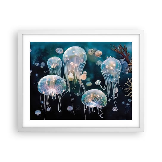 Obraz - Plakat - Podwodny bal - 50x40cm - Meduza Zwierzęta Głębiny - Foto Plakaty w ramie koloru białego do Salonu Sypialni ARTTOR ARTTOR