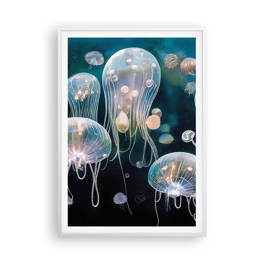 Obraz - Plakat - Podwodny bal - 70x100cm - Meduza Zwierzęta Głębiny - Foto Plakaty w ramie koloru białego do Salonu Sypialni ARTTOR ARTTOR
