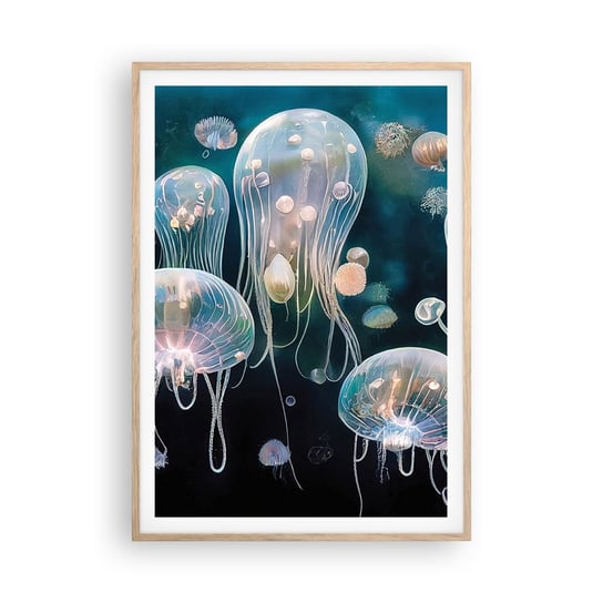 Obraz - Plakat - Podwodny bal - 70x100cm - Meduza Zwierzęta Głębiny - Foto Plakaty w ramie koloru jasny dąb do Salonu Sypialni ARTTOR ARTTOR