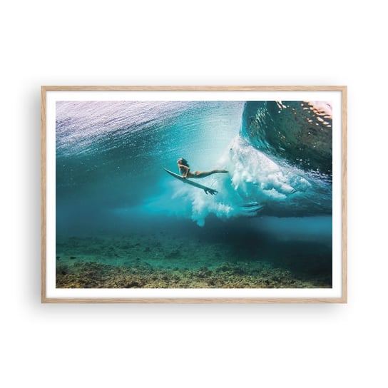 Obraz - Plakat - Podwodny świat - 100x70cm - Surfing Podwodny Świat Kobieta - Foto Plakaty w ramie koloru jasny dąb do Salonu Sypialni ARTTOR ARTTOR