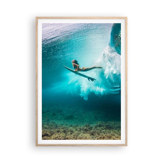 Obraz - Plakat - Podwodny świat - 70x100cm - Surfing Podwodny Świat Kobieta - Foto Plakaty w ramie koloru jasny dąb do Salonu Sypialni ARTTOR ARTTOR