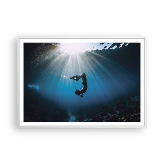 Obraz - Plakat - Podwodny taniec - 100x70cm - Podwodna Jaskinia Promienie Słońca Nurkowanie - Foto Plakaty w ramie koloru białego do Salonu Sypialni ARTTOR ARTTOR