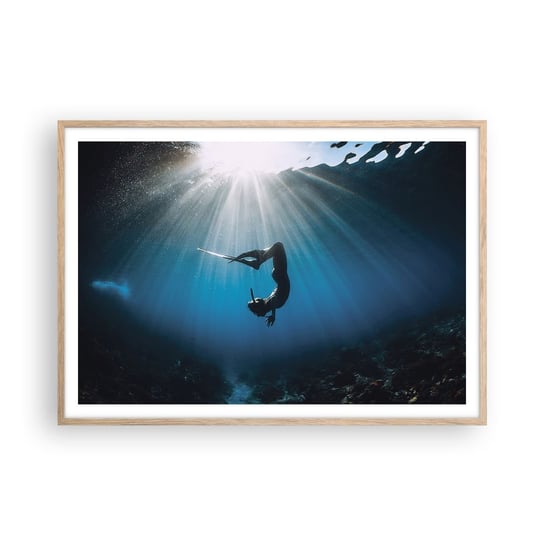 Obraz - Plakat - Podwodny taniec - 100x70cm - Podwodna Jaskinia Promienie Słońca Nurkowanie - Foto Plakaty w ramie koloru jasny dąb do Salonu Sypialni ARTTOR ARTTOR