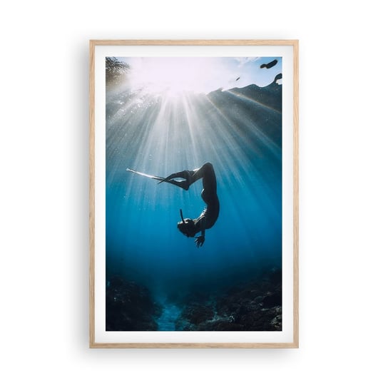 Obraz - Plakat - Podwodny taniec - 61x91cm - Podwodna Jaskinia Promienie Słońca Nurkowanie - Foto Plakaty na ścianę w ramie jasny dąb - Plakat do Salonu Sypialni ARTTOR ARTTOR