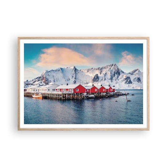 Obraz - Plakat - Północne ustronie - 100x70cm - Krajobraz Norwegia Lofoty - Foto Plakaty w ramie koloru jasny dąb do Salonu Sypialni ARTTOR ARTTOR