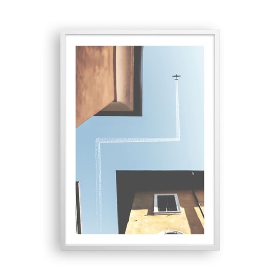 Obraz - Plakat - Ponad miejskim labiryntem - 50x70cm - Samolot Budynki Podróże - Nowoczesny modny obraz Plakat rama biała ARTTOR ARTTOR