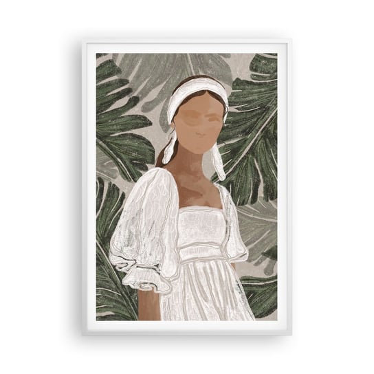 Obraz - Plakat - Portret egzotyczny - 70x100cm - Boho Kobieta Liście - Foto Plakaty w ramie koloru białego do Salonu Sypialni ARTTOR ARTTOR
