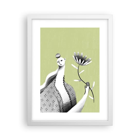 Obraz - Plakat - Portret modernistyczny – trzymająca kwiat - 30x40cm - Kobieta Kwiat Karykatura - Foto Plakaty na ścianę w ramie białej - Plakat do Salonu Sypialni ARTTOR ARTTOR