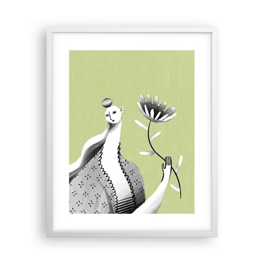 Obraz - Plakat - Portret modernistyczny – trzymająca kwiat - 40x50cm - Kobieta Kwiat Karykatura - Foto Plakaty w ramie koloru białego do Salonu Sypialni ARTTOR ARTTOR
