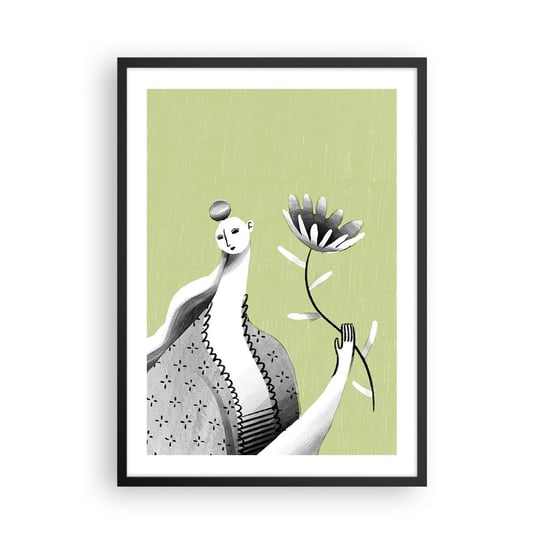 Obraz - Plakat - Portret modernistyczny – trzymająca kwiat - 50x70cm - Kobieta Kwiat Karykatura - Nowoczesny modny obraz Plakat czarna rama ARTTOR ARTTOR