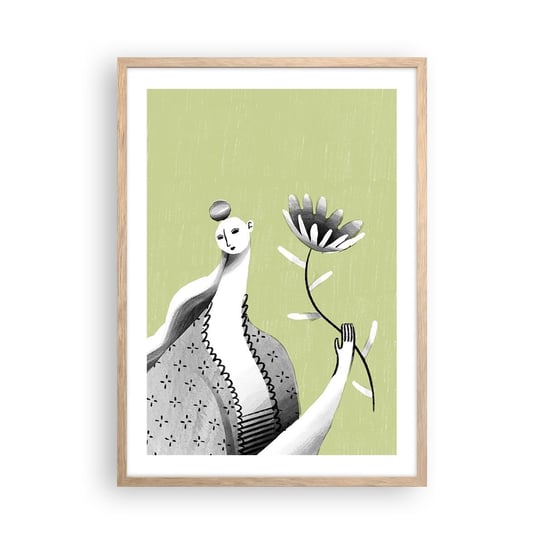 Obraz - Plakat - Portret modernistyczny – trzymająca kwiat - 50x70cm - Kobieta Kwiat Karykatura - Nowoczesny modny obraz Plakat rama jasny dąb ARTTOR ARTTOR