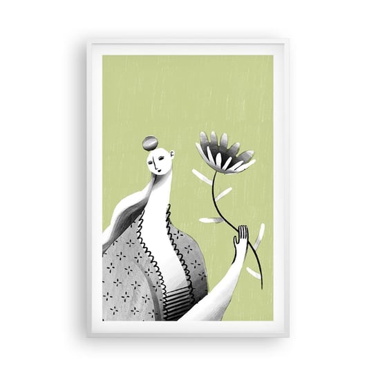 Obraz - Plakat - Portret modernistyczny – trzymająca kwiat - 61x91cm - Kobieta Kwiat Karykatura - Foto Plakaty na ścianę w ramie białej - Plakat do Salonu Sypialni ARTTOR ARTTOR
