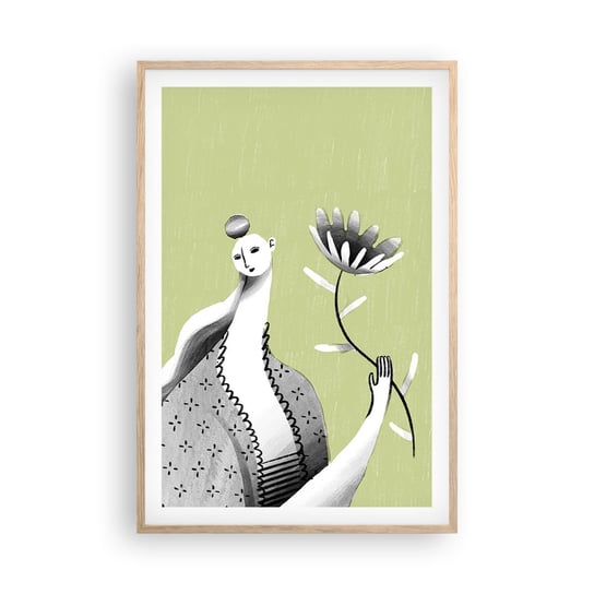 Obraz - Plakat - Portret modernistyczny – trzymająca kwiat - 61x91cm - Kobieta Kwiat Karykatura - Foto Plakaty na ścianę w ramie jasny dąb - Plakat do Salonu Sypialni ARTTOR ARTTOR