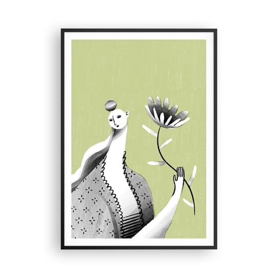 Obraz - Plakat - Portret modernistyczny – trzymająca kwiat - 70x100cm - Kobieta Kwiat Karykatura - Foto Plakaty w ramie koloru czarnego do Salonu Sypialni ARTTOR ARTTOR